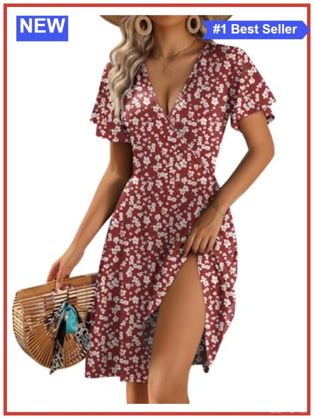 Women's Floral Wrap V-Neck Sundress with Ruffle Sleeves & Pockets